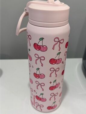 Pink Cherry Print Water Bottle - Cute Bow Design